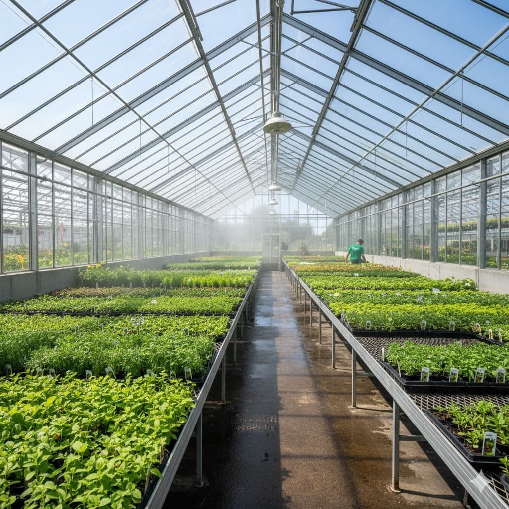 Greenhouse interior with plant displays